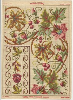 a cross stitch pattern with flowers and leaves on the border, as well as an ornate design