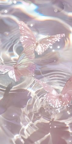 two pink butterflies floating in water on top of each other with ripples around them