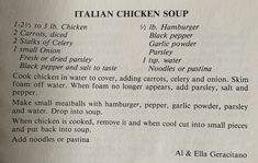 an open recipe book with instructions on how to make italian chicken soup