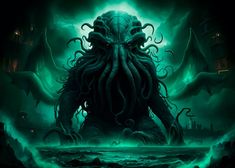 an octopus with glowing eyes and tentacles in the water, surrounded by dark green fog