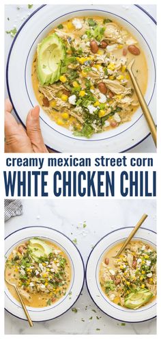 mexican street corn white chicken chili with avocado and cilantro