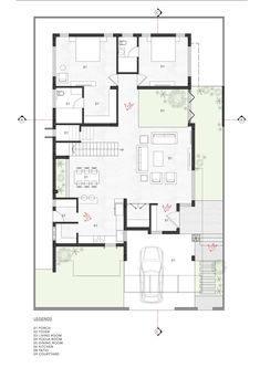 the floor plan for a modern house with two levels and an open living room, dining area