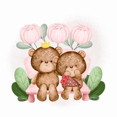 two teddy bears sitting next to each other with flowers on their heads and holding hearts