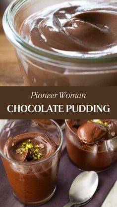 chocolate pudding in small bowls with spoons on the side and text overlay that reads, pioneers woman chocolate pudding