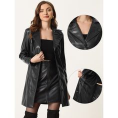 Fit and flare, this stylish button-down faux leather jacket adds to your choice for the upcoming seasons. Suit for fall/winter and many occasions, such as casual dressing parties, outdoor trips, hangouts, or as dy streetwear. Pair with casual pants, jeans, vests, skirts, knee-high boots, or high heels for many occasions. Fitted Faux Leather Jacket With Buttons, Fitted Leather Jacket With Buttons For Fall, Winter Single-breasted Faux Leather Outerwear, Winter Single Breasted Faux Leather Outerwear, Fitted Long Faux Leather Coat, Fitted Long Coat In Faux Leather, Fitted Faux Leather Long Coat, Black Faux Leather Outerwear With Button Closure, Chic Leather Jacket With Buttons For Winter