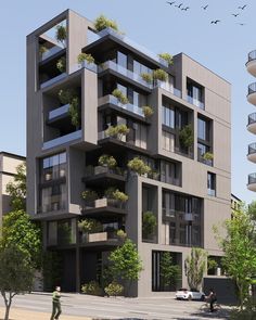 an apartment building with balconies and plants on the top floor is shown in this rendering