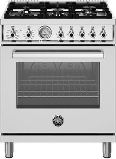 a silver stove with four burners and two oven doors on each side, in front of a white background