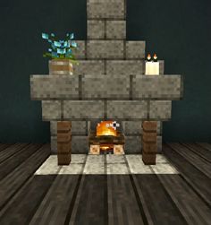 a fireplace in the middle of a room with wood flooring and walls made out of bricks