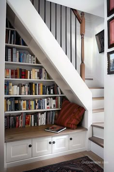 there is a book shelf under the stairs