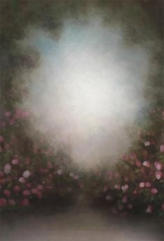 an oil painting of pink flowers in the middle of a road with light coming through it