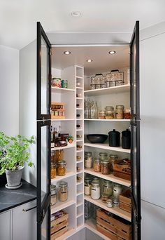 an open pantry filled with lots of food and containers on shelves next to a potted plant