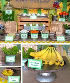 there are several pictures of different foods on display in the same place, including bananas and other things