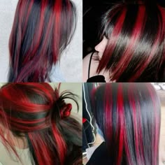 #redhair #blackhair #redandblackhair #chunkyhighlights #skunkhair 2000s Hairdye, Jet Black Hair With Red Highlights, Black And Red Striped Hair, Red And Black Skunk Hair, Black N Red Hair, Red Goth Hair, Red Alt Hair, Red Skunk Hair