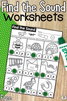 the printable worksheet for find the sound and write the word in green