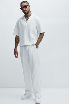 Available In White. Elastic Waist Drawstring Side Pockets Back Pockets Pair With "Santiago Shirt" Shell: 100% Polyester Imported | Mens Santiago Straight Pants in White size Large by Fashion Nova White Christmas Party Theme, White Dress Casual Outfit, Futuristic Fashion Male, Feminine Men Fashion, All White Party Outfits, White Outfit For Men, Bae Style, White Pants Men, White Party Outfit