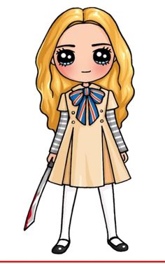 a drawing of a girl with long blonde hair holding a knife and wearing a trench coat