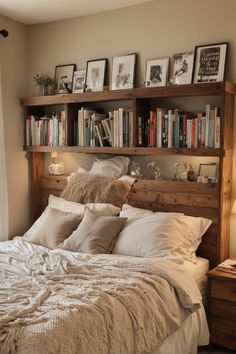 a bed with pillows, blankets and pictures on the wall above it in a bedroom