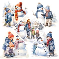 watercolor snowmen and children in winter clothes with hats, scarfs and mittens