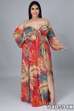 This is a multi-functional, off-shoulder 2-piece maxi skirt set/cover-up that features two deep side splits, long loose puffer sleeves, and a front tie. The maxi skirt has under panties attached. Multicolor tropical pattern. Size range from small to 2x. Great for poolside/vacation wear. Off-shoulder Beach Sets For Spring, Off-shoulder Summer Vacation Sets, Summer Off-shoulder Vacation Sets, Beach Maxi Skirt With Side Slits, Maxi Skirt Set, Vacation Wear, Early Spring Outfits, Tropical Pattern, Current Fashion Trends