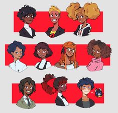 an image of people with different hair styles and colors on the same line, all in different poses