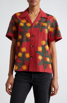 Inspired by an antique quilt, this lightweight cotton camp shirt is beautifully embroidered with vibrant blossoms overlaid on jacquard-woven stripes. 25" length (size Small) Front button closure Notched collar Short sleeves 100% cotton Dry clean Imported Designer Clothing Cotton Camp Shirt With Floral Embroidery, Traditional Tops With Relaxed Fit And Camp Collar, Cotton Camp Shirt With Embroidered Camp Collar, Cotton Shirt With Floral Embroidery And Camp Collar, Relaxed Fit Cotton Camp Shirt With Floral Embroidery, Red Cotton Shirt With Floral Embroidery, Embroidered Cotton Camp Collar Tops, Collared Cotton Top With Multicolor Embroidery, Embroidered Cotton Tops With Camp Collar