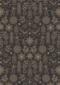 a brown and white christmas pattern with deers, trees and snowflakes on it