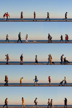 multiple images of people walking along the beach