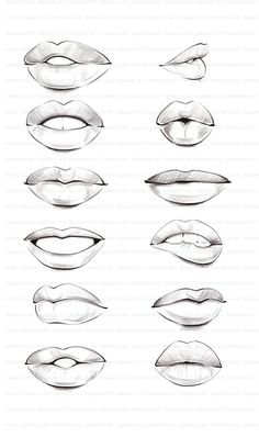 lips drawn in pencil with different shapes and sizes on the bottom half of each lip