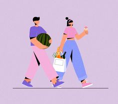 two people walking down the street carrying shopping bags and holding fruit in their hands,