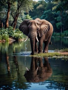 an elephant is standing in the water near some trees