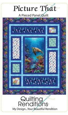 the front cover of a quilt book with an image of a turtle swimming in water