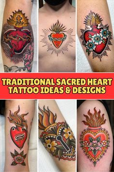 many different tattoos on the arms and chest are shown in this collage with text that reads traditional sacred heart tattoo ideas & designs