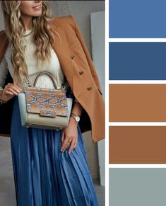 Warm Autumn Outfits For Summer, Blue Brown Outfit, Wardrobe Color Guide, Soft Autumn Color Palette, Colour Combinations Fashion, Color Blocking Outfits, Color Trends Fashion