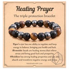 PRICES MAY VARY. [Bracelet for Men]Featuring 10mm Tiger's Eye, Black Onyx, and Black Obsidian stones, this bracelet is meticulously designed to provide stress relief. These natural stones possess the incredible power of emotional clearing and energetic balance. This high-quality bracelet is a thoughtful gift for the man you hold dear. [Triple Protection Bracelet] This natural stone bracelet will bring you the most powerful protective energy. The Tiger eye helps us release fear and anxiety. Hemat Beaded Bracelets For Men, Cat Eye Bracelet, Mens Bracelet Designs, Crystal Healing Chart, Release Fear, Protective Energy, Black Obsidian Stone, Crystals Healing Properties, Luxe Jewelry