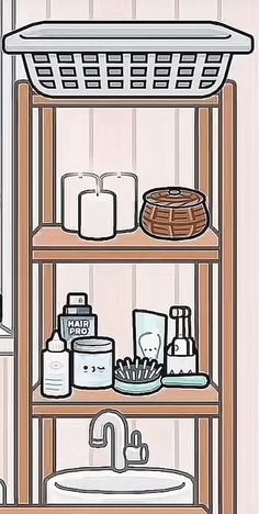 a bathroom shelf filled with lots of personal care items