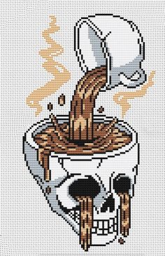 a cross stitch pattern with a skull in the middle and coffee coming out of it