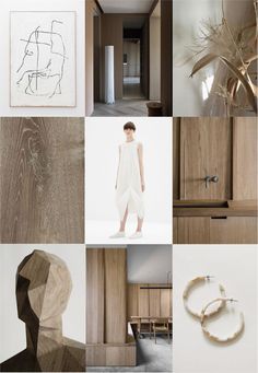 a collage of photographs with wood and white items in them, including an image of a woman's head