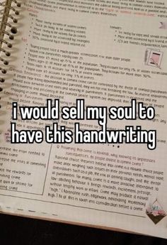 an open notebook with the words i would sell my soul to have this handwriting