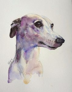 a watercolor painting of a dog's head in purple and white colors on paper