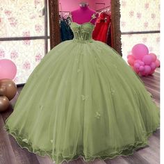 Simple Quinceanera Dresses, Princess Tiana Dress, Ball Gown Sweet 16, Quinceanera Dresses Green, Tulle Princess Dress, Dress With Butterflies, Princess Sweet 16, Dress Sweet 16