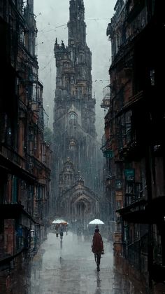 a person walking down a street holding an umbrella in the rain with buildings behind them