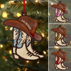 cowboy boot ornament hanging from a christmas tree