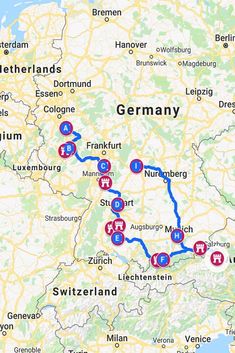 the route map for germany with several destinations