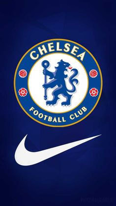 the chelsea football club logo is shown on a dark blue background with white nike shoes