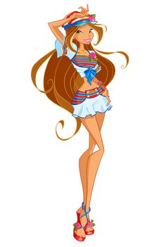 a cartoon girl with long hair wearing a hat and dress