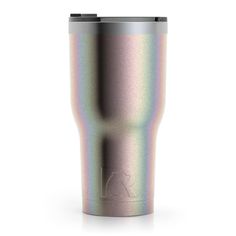 a stainless steel tumbler cup with a rainbow tint on the bottom and lid