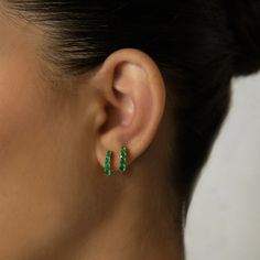 18k yellow gold graduated emerald huggies.68cts emeralds Sold as a pair. #AKGRDH50-EM-YG Green Emerald Huggie Earrings, Anita Ko, 24kt Gold, Emerald Earrings, Huggies Earrings, Yellow Color, Wedding Jewelry, Gold Earrings, Emerald