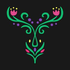 an artistic design with flowers and leaves on a black background, in the shape of a face