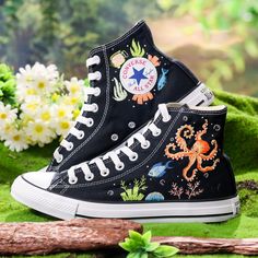 Custom Embroidered Converse High Tops, Octopus and Sea Turtle Embroidered Sneakers Custom, Ocean and Coral, Fish Embroidered Sneakers for Women, Diver Gifts 💚 Immerse yourself in the intricate craftsmanship as we lovingly hand embroider rustic flowers onto your chosen Converse pair 💚 🌿 The listed price encompasses both the Converse Shoes and the showcased Embroidery Designs. 1. MANUFACTURING PROCEDURE 🌿 Upon receiving your order, we initiate the shoe preparation process. If your chosen shoes Paint Converse Diy, Aesthetic Embroidery Designs, Decorating Shoes, Shoe Embroidery, Embroidery Shoes Diy, Converse Chuck 70s