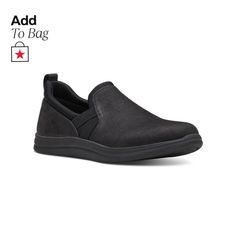 in stock Black Low-top Slip-ons With Ortholite Insole, Black Ortholite Low-top Slip-ons, Black Leather Slip-on Sneakers With Ortholite Insole, Black Slip-ons With Ortholite Insole, Modern Black Slip-on Walking Shoes, Modern Black Synthetic Slip-ons, Black Sporty Slip-ons With Removable Insole, Black Walking Shoes With Ortholite Insole, Black Low-top Slip-ons For Walking